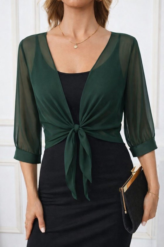 Women's Poor Boy Sleeve Tie Front Short Chiffon Bolero Jacket, 33507