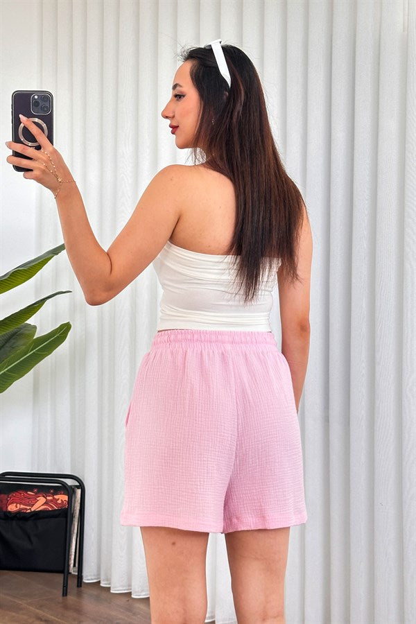 Pantalon Scurt Muselină cu Buzunare Roz Marfă Model Scurt