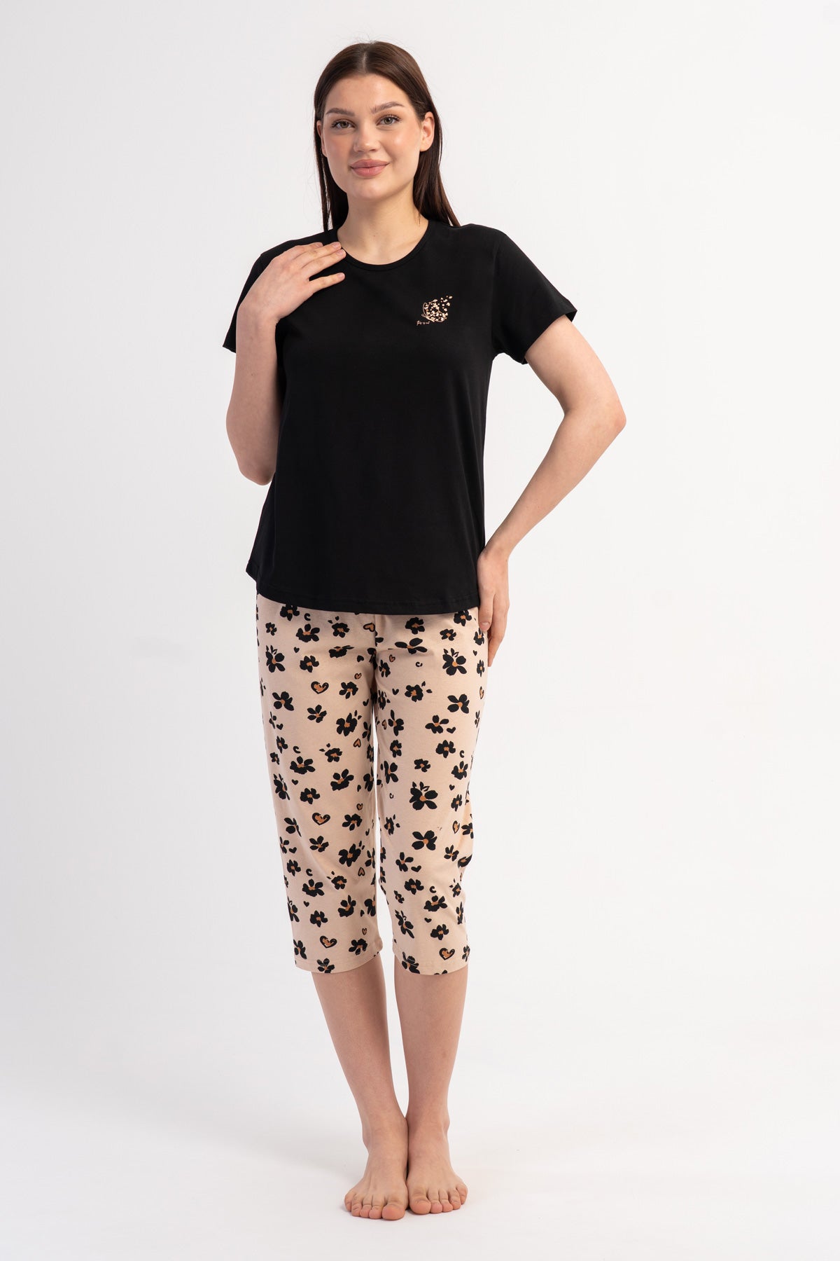 Kadın Penye Süprem O Yaka Kısa Kol Eteği Oval Kapri Takım - Siyah