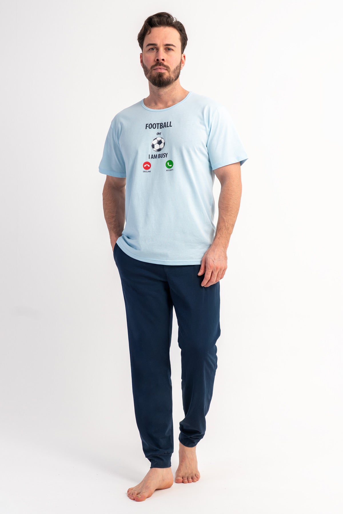 Pijama de bărbați cu buzunare, tip P.SUPREM XXL, mărime mare, decolteu rotund, mânecă scurtă - ALBASTRU
