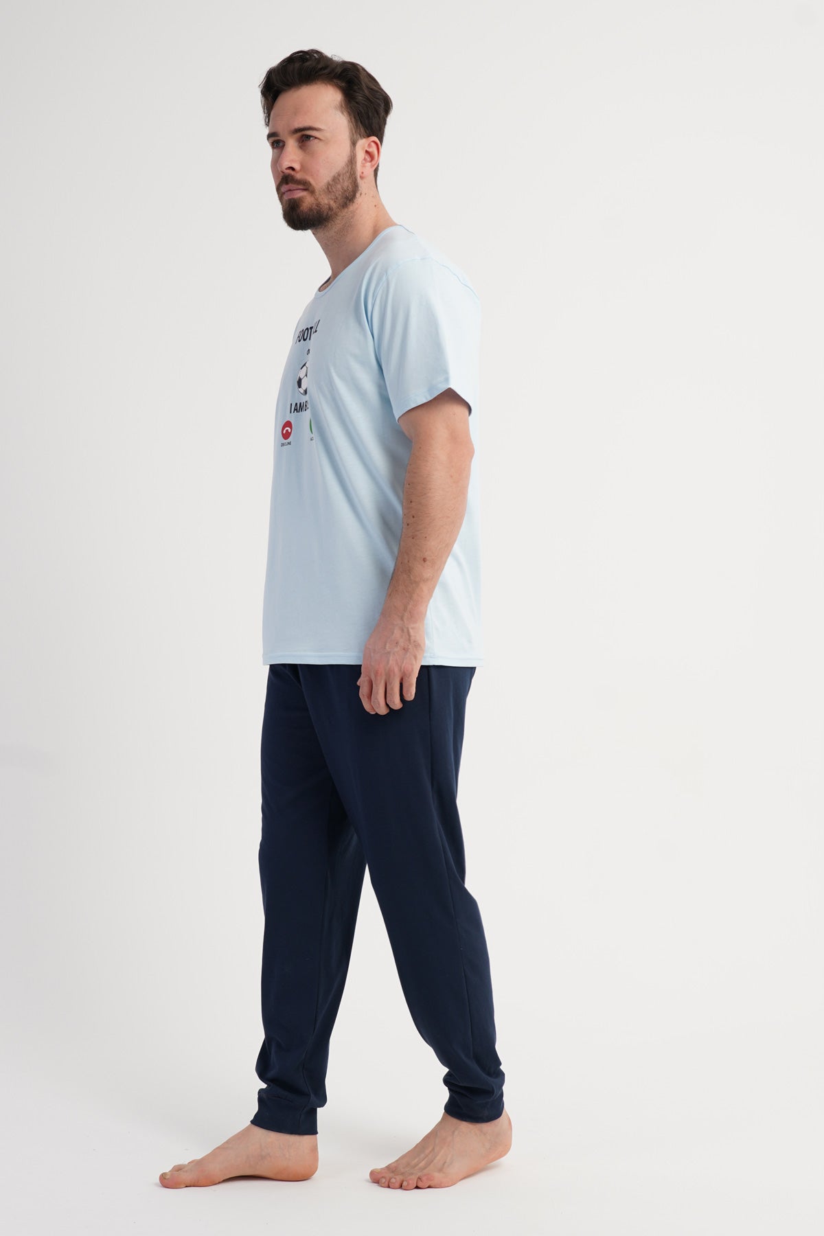 Pijama de bărbați cu buzunare, tip P.SUPREM XXL, mărime mare, decolteu rotund, mânecă scurtă - ALBASTRU