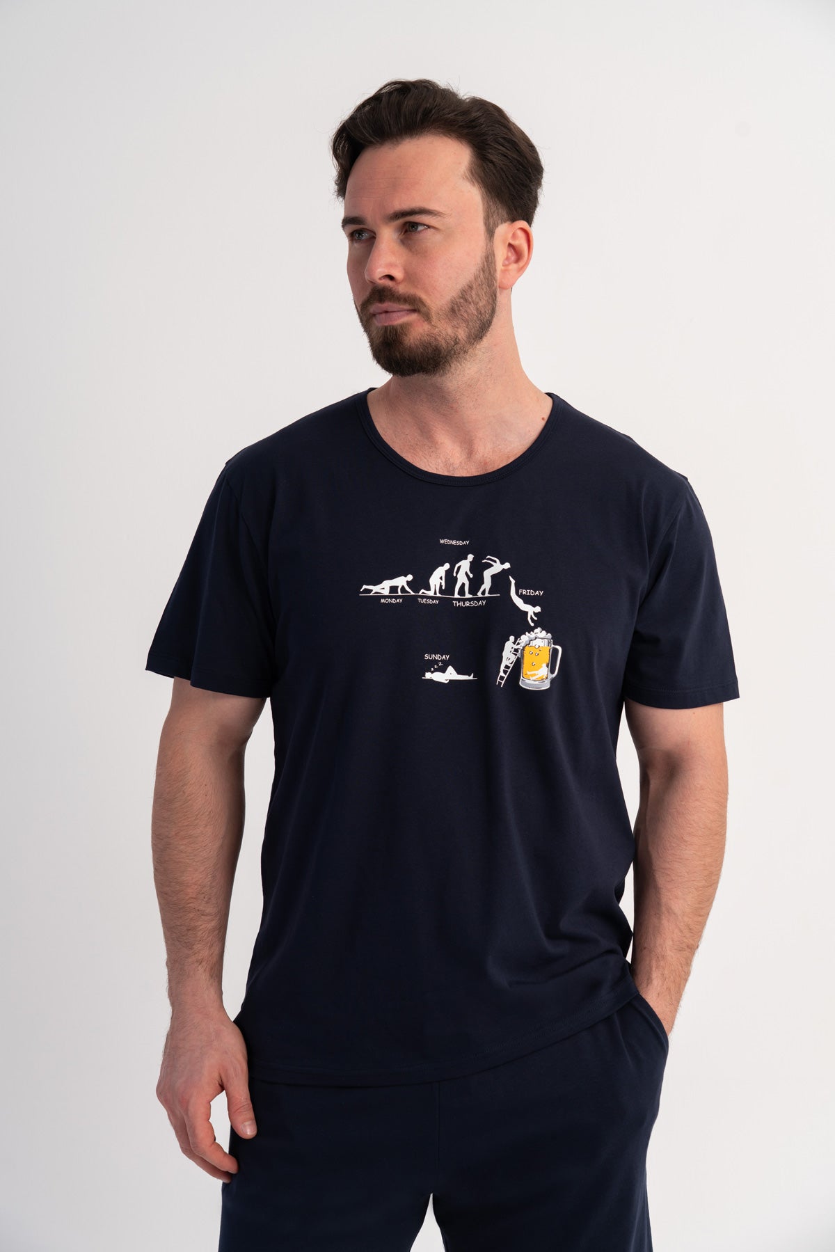 COSTUM BĂRBĂTESC DE PIJAMALE CU BUZUNARE, GÂT ROTUND, MÂNECĂ SCURTĂ, PANTALONI SCURȚI - MARIMEA XXL, SUPRADIMENSIONAT - BLEUMARIN