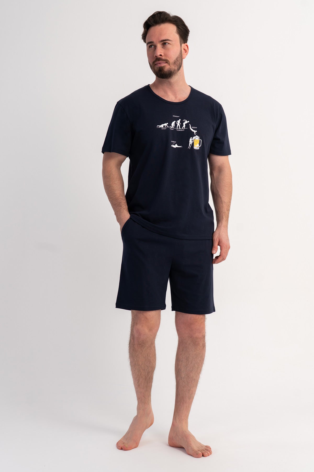 COSTUM BĂRBĂTESC DE PIJAMALE CU BUZUNARE, GÂT ROTUND, MÂNECĂ SCURTĂ, PANTALONI SCURȚI - MARIMEA XXL, SUPRADIMENSIONAT - BLEUMARIN