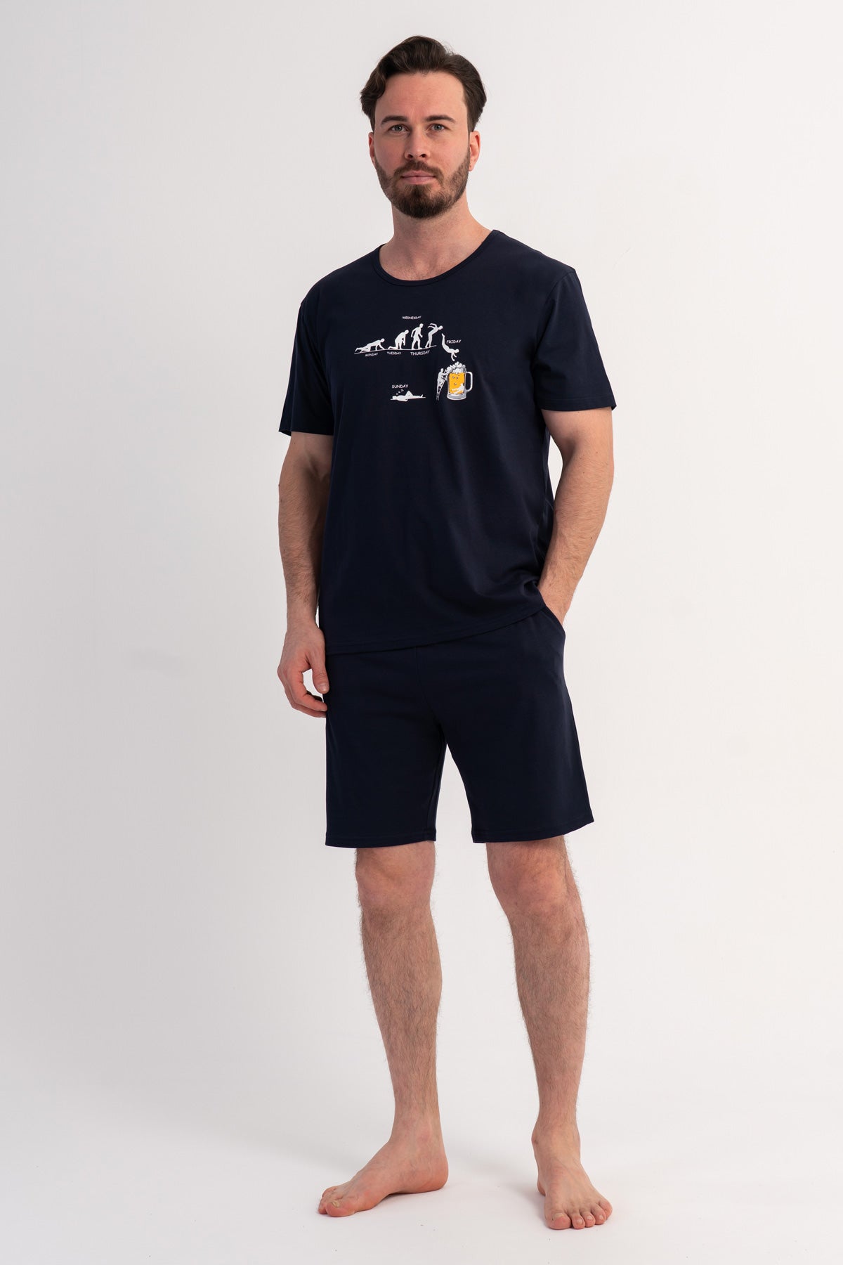 COSTUM BĂRBĂTESC DE PIJAMALE CU BUZUNARE, GÂT ROTUND, MÂNECĂ SCURTĂ, PANTALONI SCURȚI - MARIMEA XXL, SUPRADIMENSIONAT - BLEUMARIN