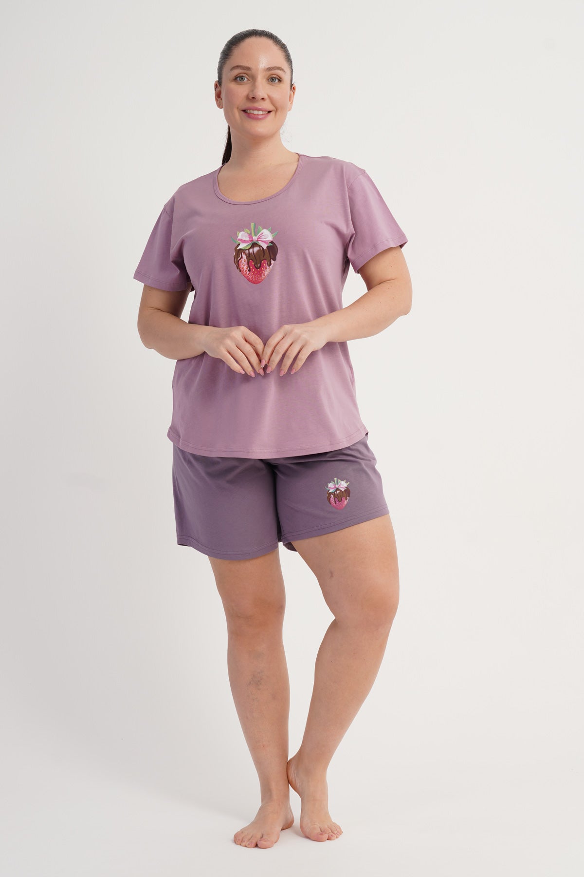 Femei P.SUPREM XXL Gât Rotund Mânecă Scurtă Tunică Ovală Set Scurt - LILAC