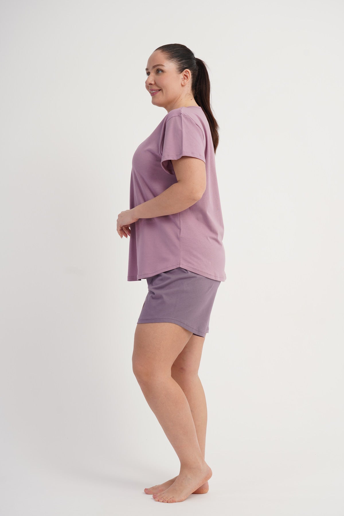 Femei P.SUPREM XXL Gât Rotund Mânecă Scurtă Tunică Ovală Set Scurt - LILAC