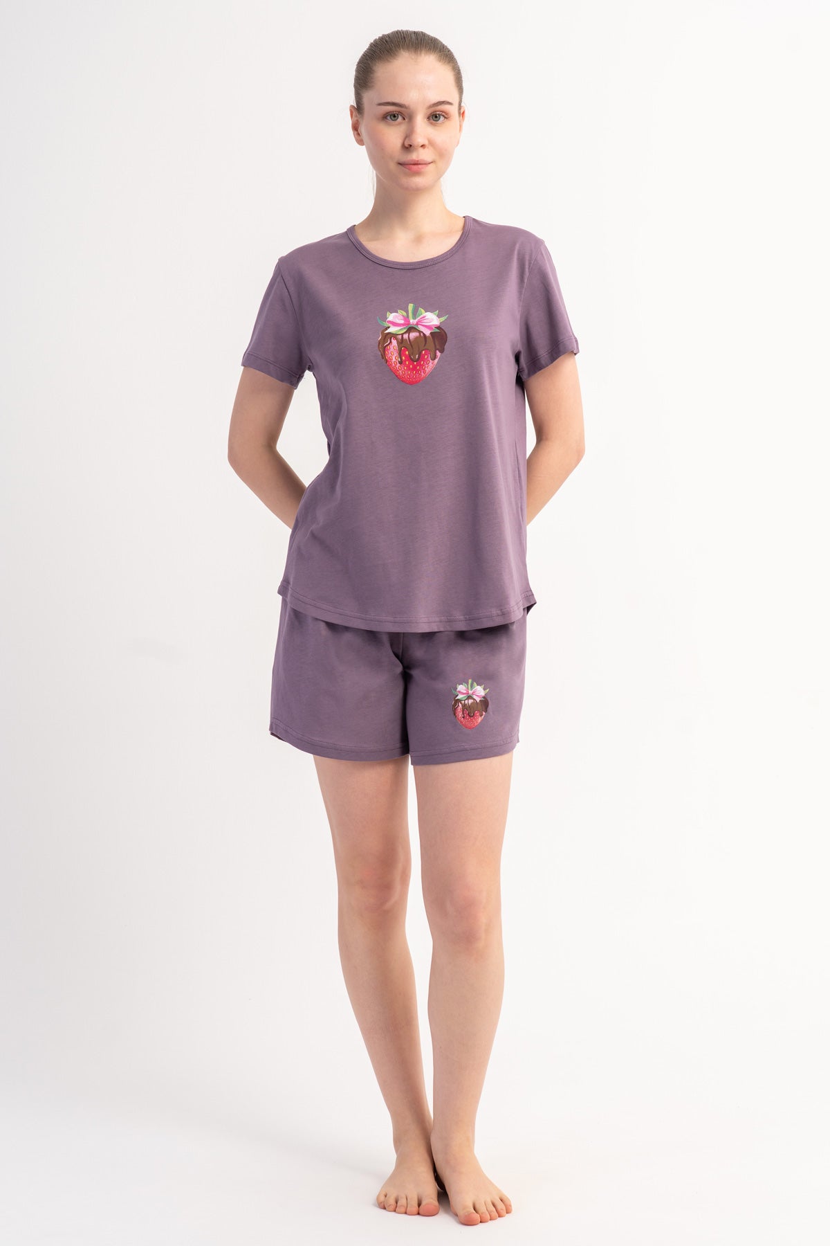 SET DE PANTALONI SCURȚI CU FUSTĂ OVALĂ, MÂNECĂ SCURTĂ, DE FEMEI, CU GULER ROTUND, P.SUPREM - VIOLET