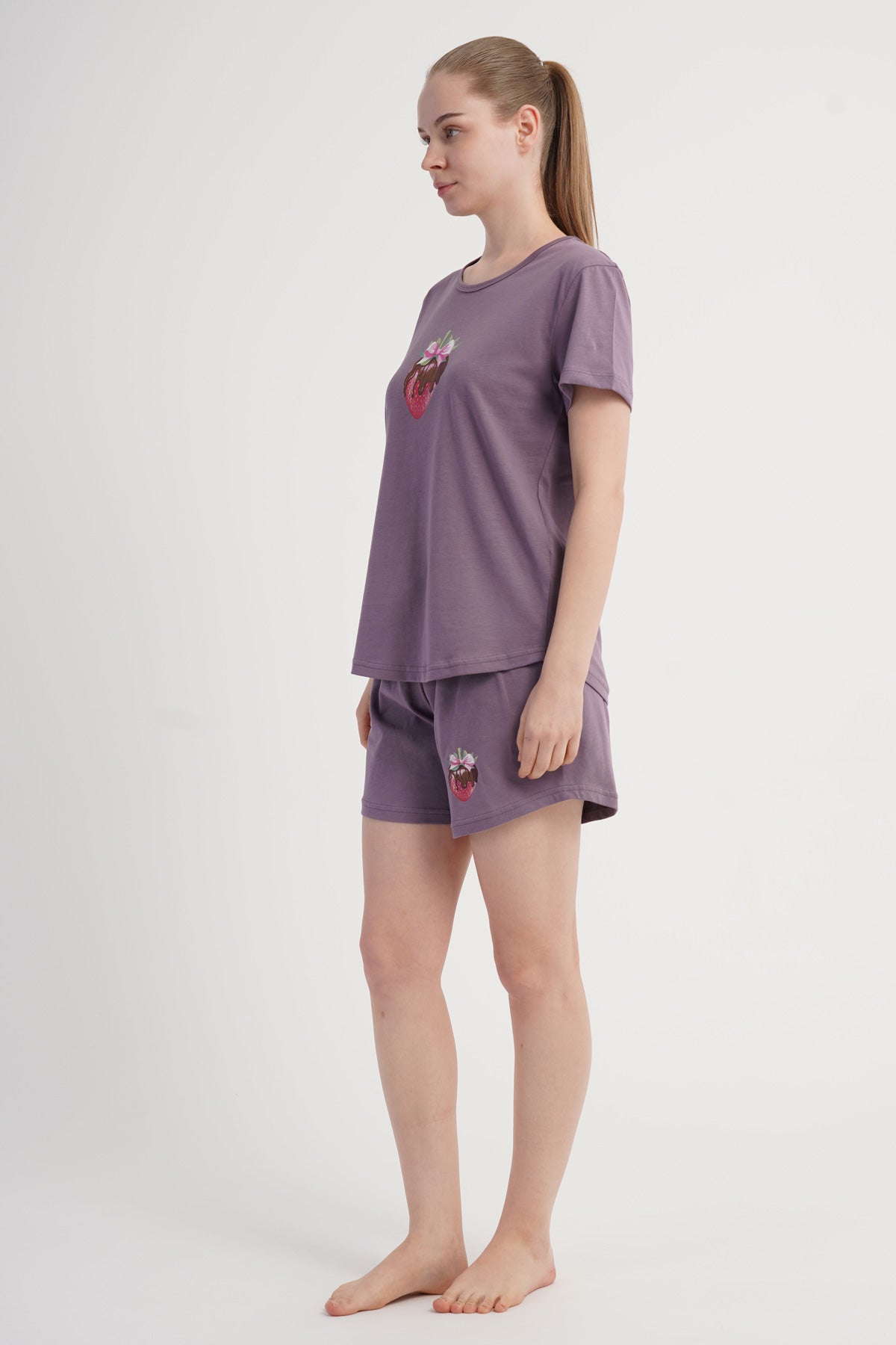 SET DE PANTALONI SCURȚI CU FUSTĂ OVALĂ, MÂNECĂ SCURTĂ, DE FEMEI, CU GULER ROTUND, P.SUPREM - VIOLET