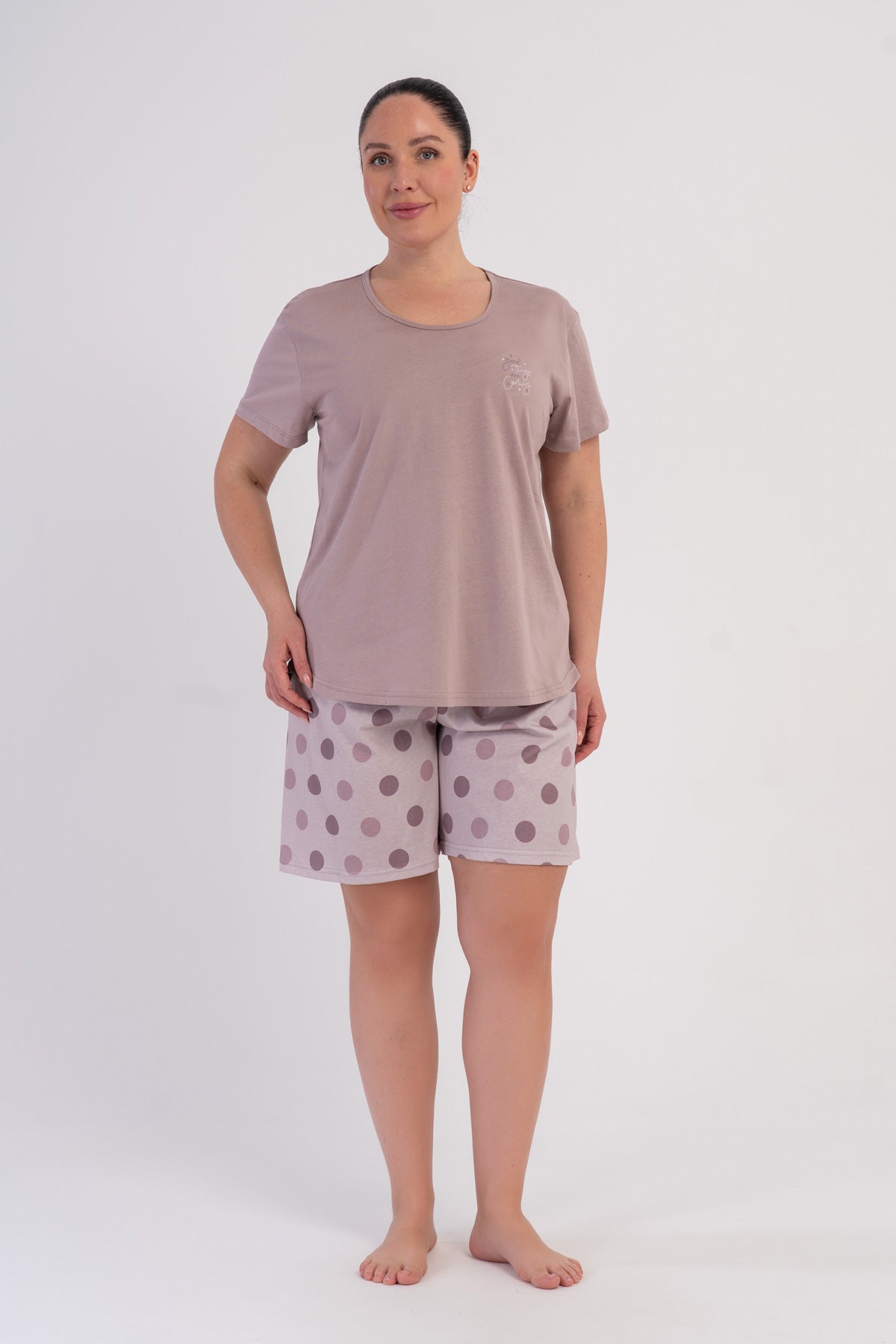 SET DE PIJAMALE FEMEI SUPREM BATTAL XXL, GULER ROTUND, MANECĂ SCURTĂ, PANTALONI SCURTI CU TIV OVAL - ROZ PUDRA