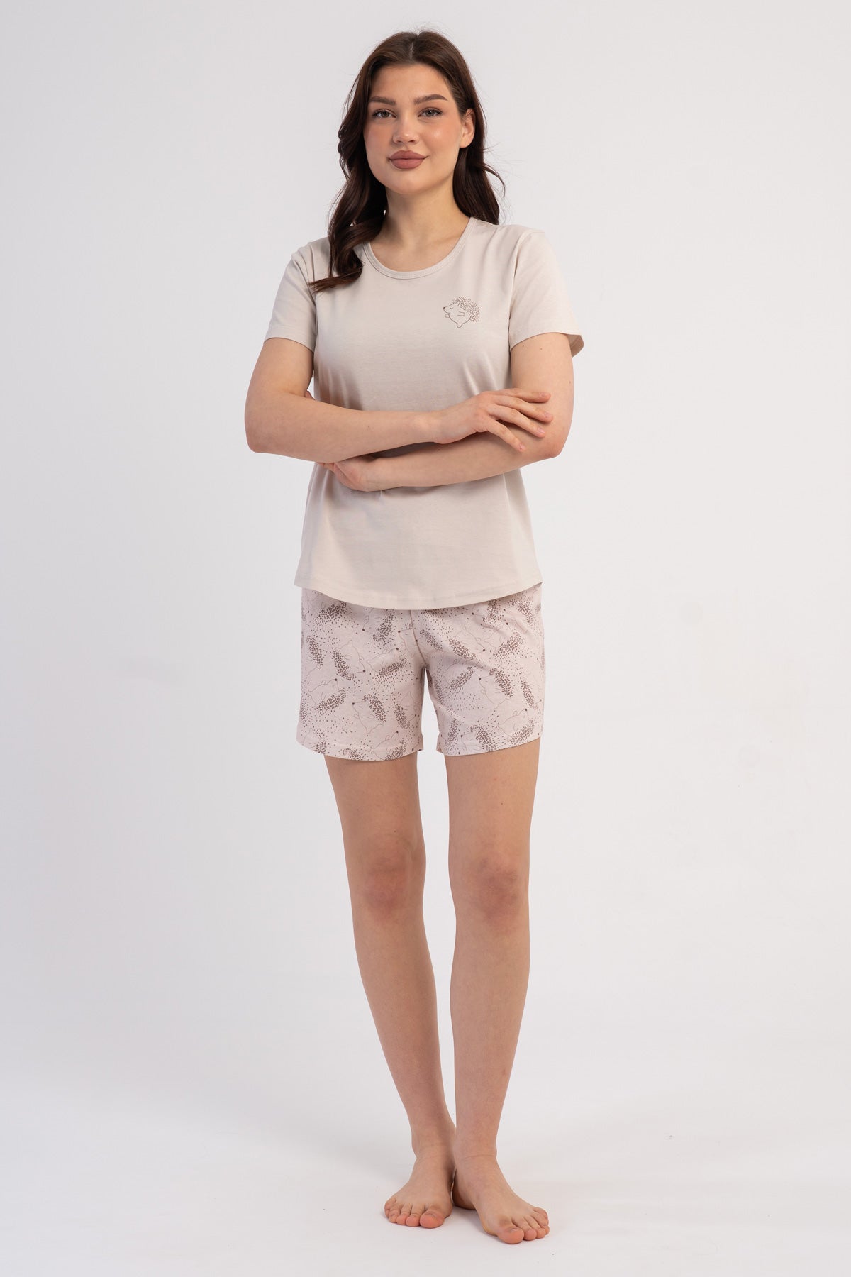 SET FEMEI P.SUPREM Guler rotund Mânecă scurtă Fustă ovală Pantalon scurt - BEJ