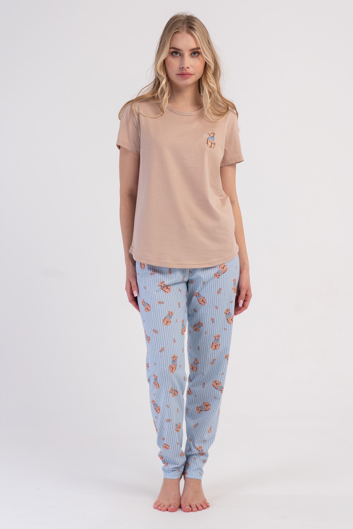SET PIJAMA FEMEI CU DECOLTEU ROTUND ȘI MÂNECĂ SCURTĂ, CU MARGINE OVALĂ - BEJ