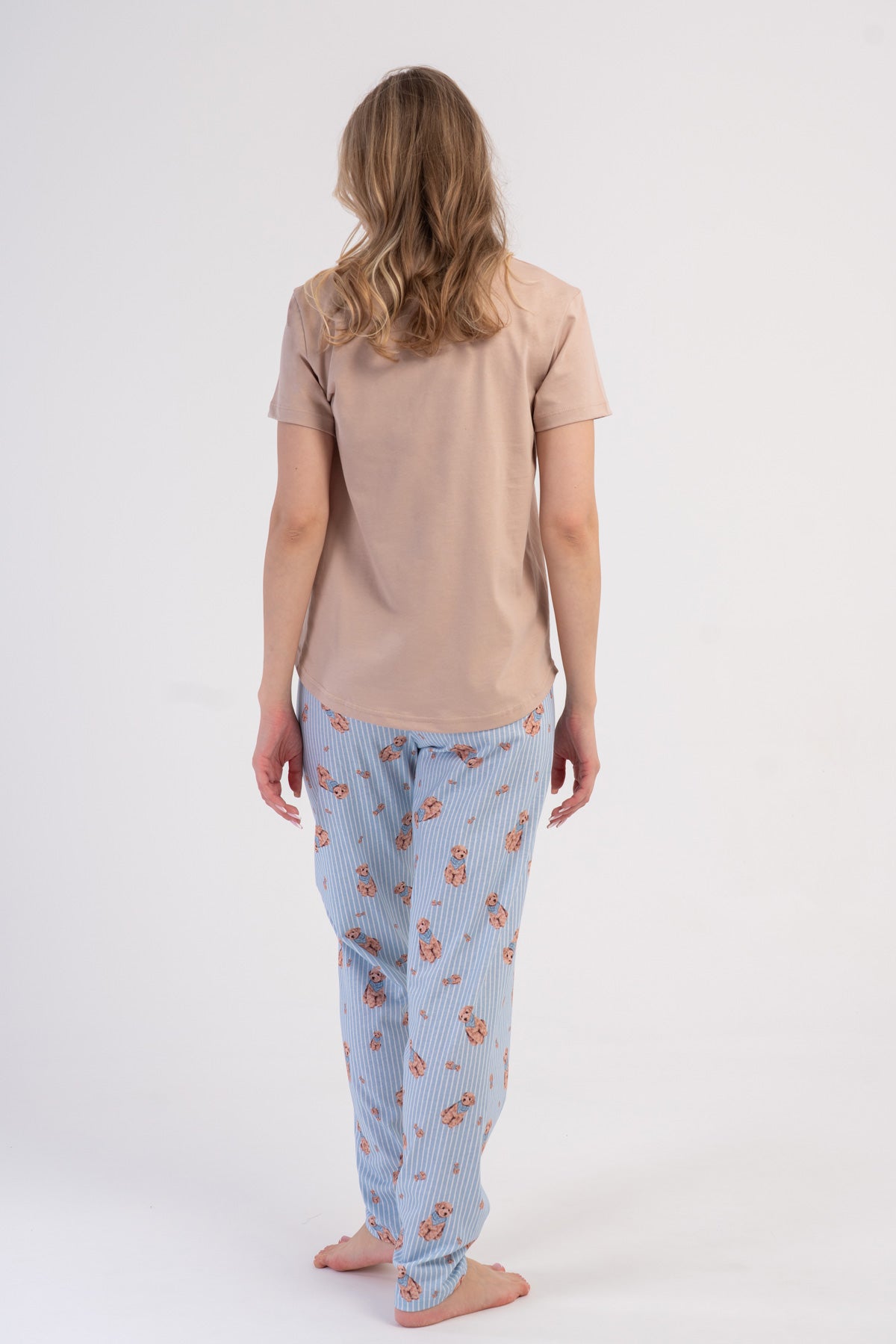 SET PIJAMA FEMEI CU DECOLTEU ROTUND ȘI MÂNECĂ SCURTĂ, CU MARGINE OVALĂ - BEJ