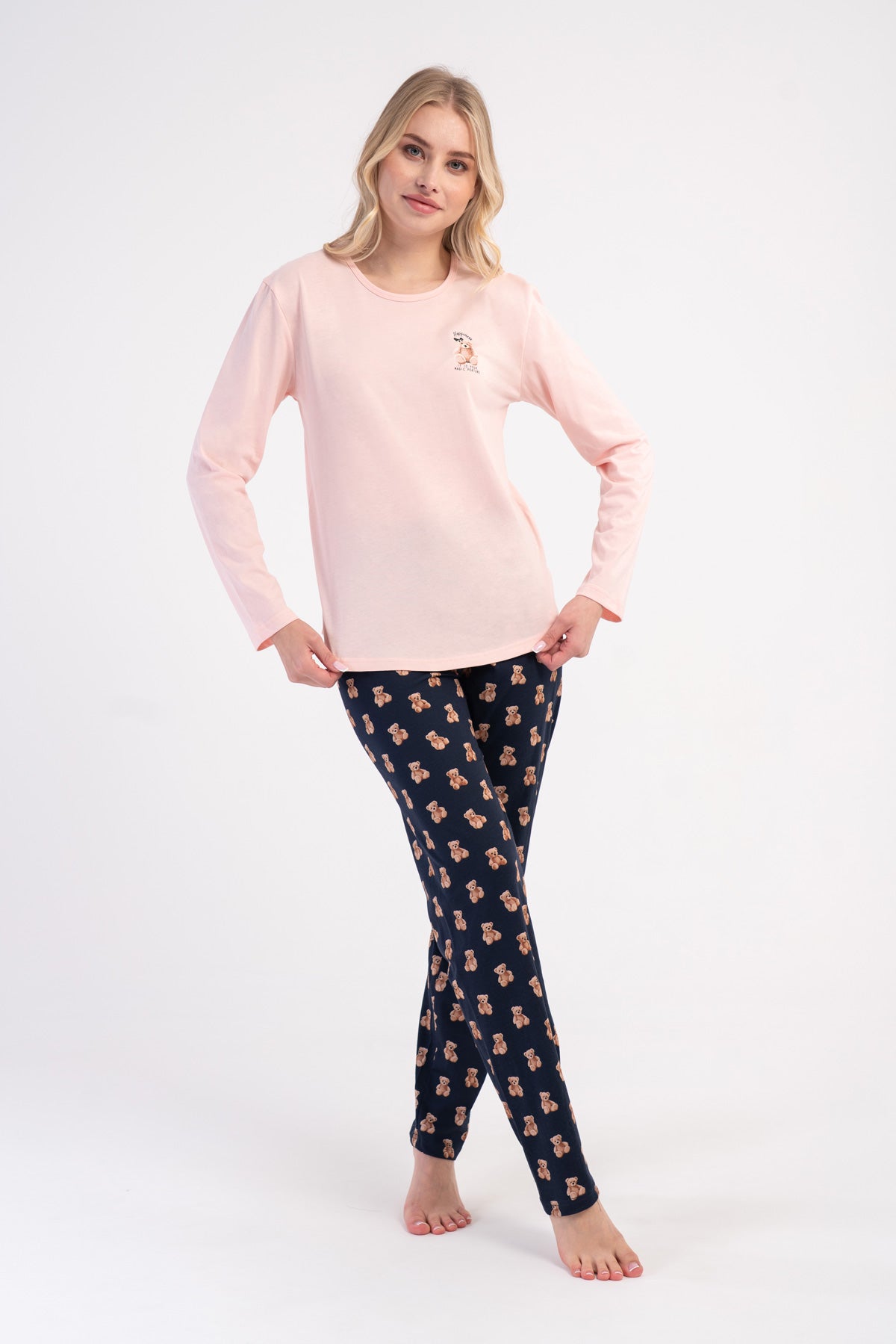 Kadın Penye Süprem O Yaka Uzun Kol Eteği Oval Pijama Takım - Pembe