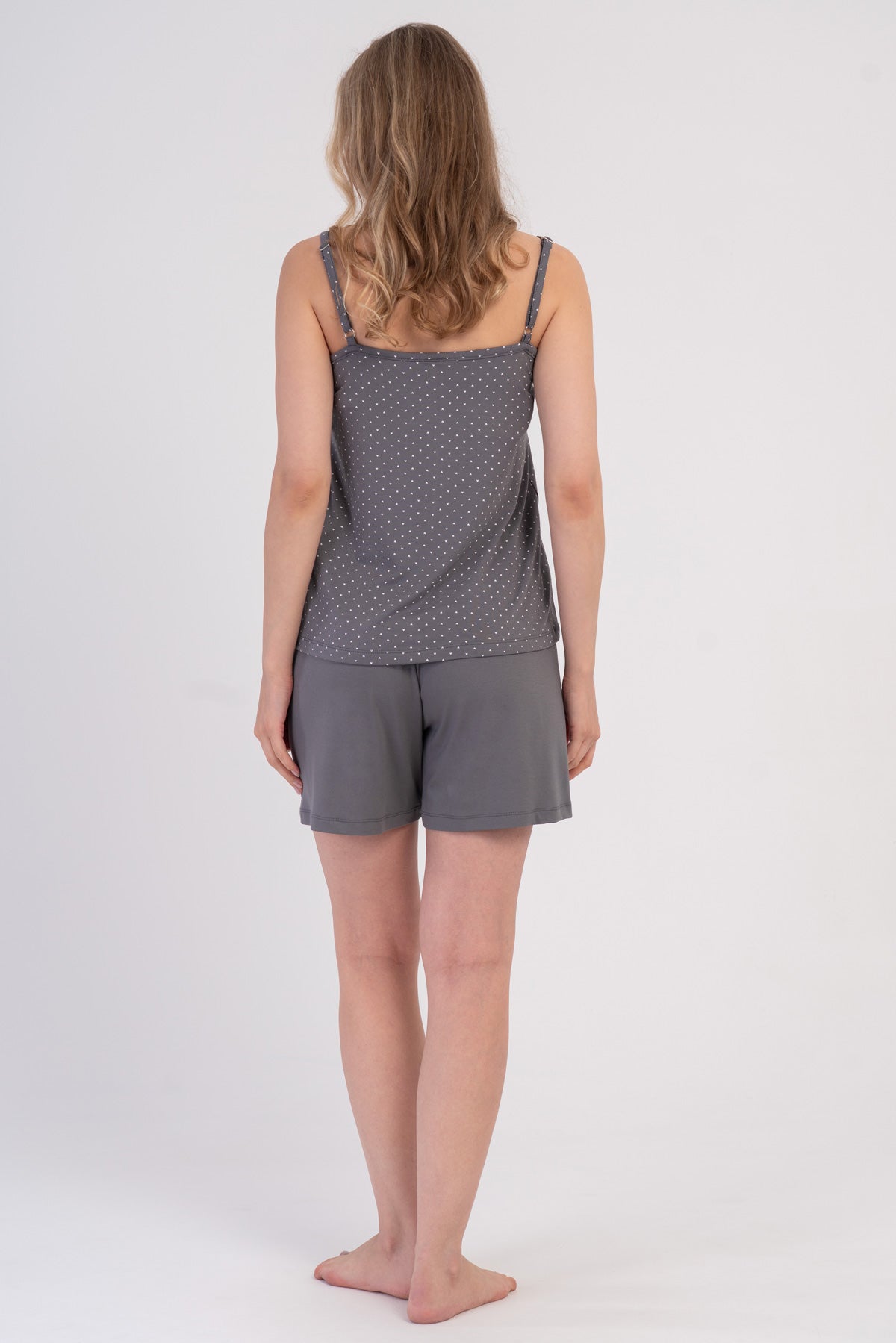 SET DE PANTALONI SCURȚI DAMĂ CU BRETELE SUBȚIRI, DECOLTEU ÎN V ȘI DANTELĂ, DIN LYCRA VISCOZĂ - GRI