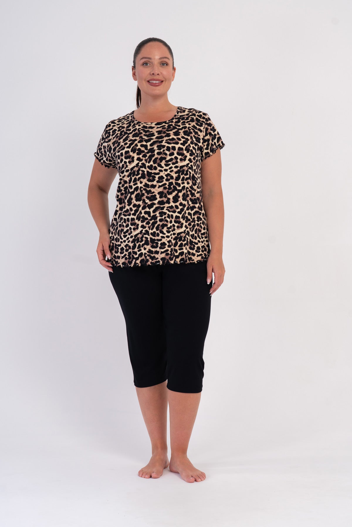 FEMEIE LYC VISCON XXL Guler BICICLETĂ CU FUNDIȚĂ ȘI BIJUTERII MÂNECĂ SCURTĂ CU ȘLIȚ OVAL CAPRI SET - LEOPARD