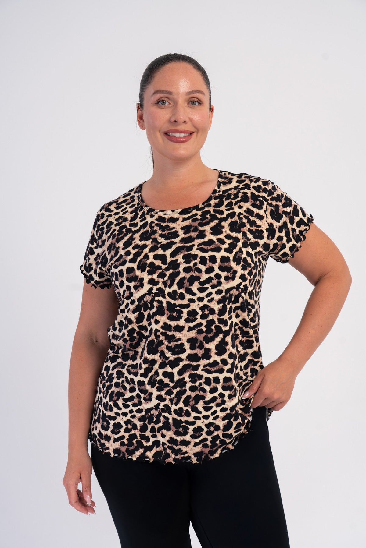 FEMEIE LYC VISCON XXL Guler BICICLETĂ CU FUNDIȚĂ ȘI BIJUTERII MÂNECĂ SCURTĂ CU ȘLIȚ OVAL CAPRI SET - LEOPARD