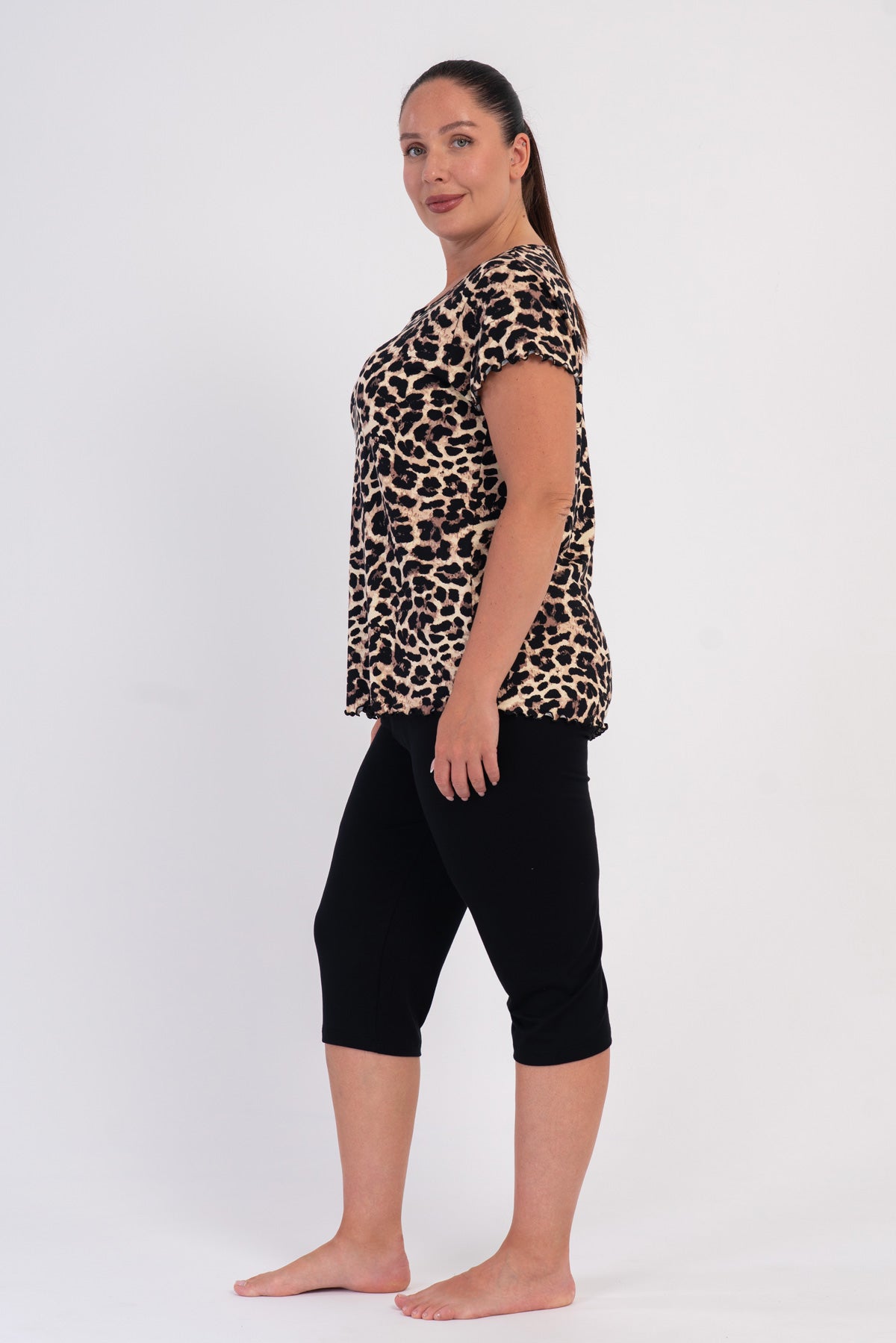 FEMEIE LYC VISCON XXL Guler BICICLETĂ CU FUNDIȚĂ ȘI BIJUTERII MÂNECĂ SCURTĂ CU ȘLIȚ OVAL CAPRI SET - LEOPARD