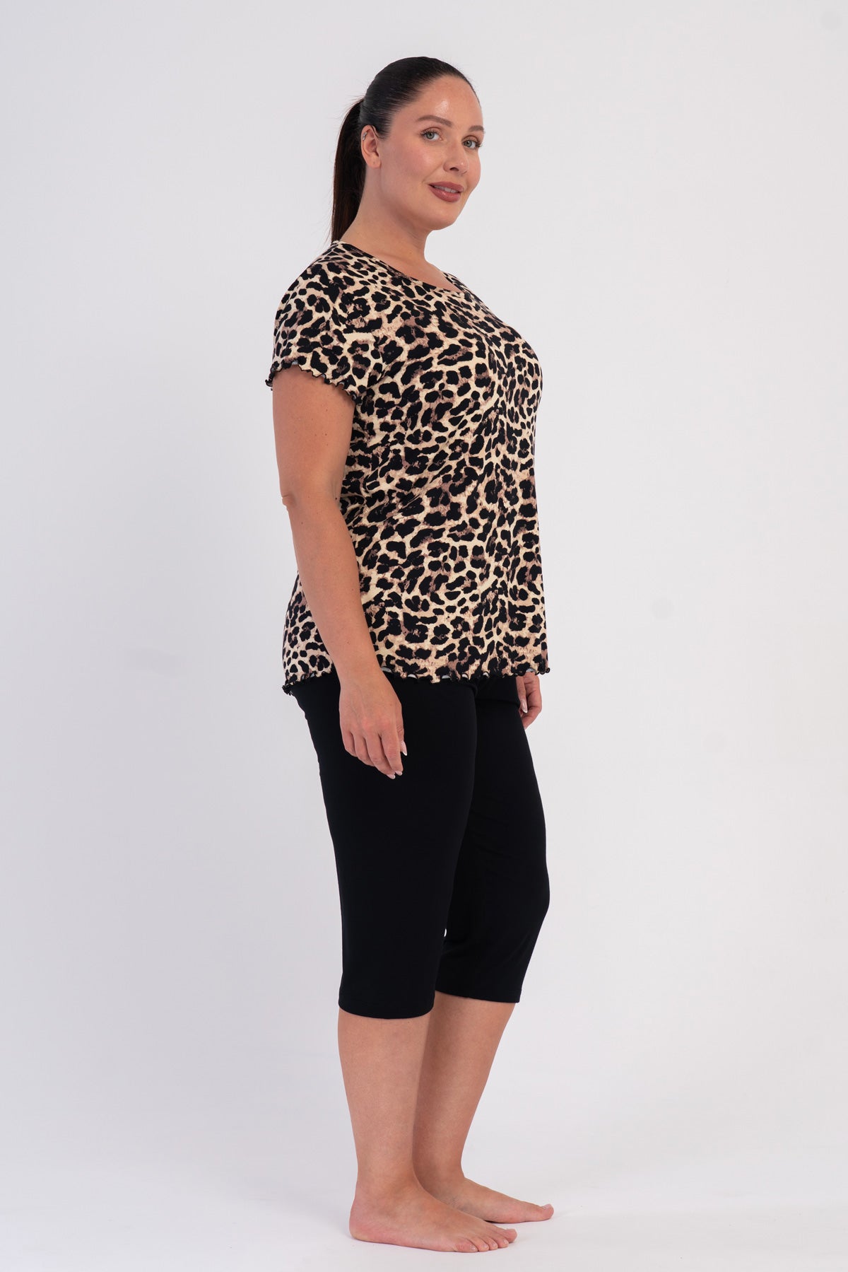 FEMEIE LYC VISCON XXL Guler BICICLETĂ CU FUNDIȚĂ ȘI BIJUTERII MÂNECĂ SCURTĂ CU ȘLIȚ OVAL CAPRI SET - LEOPARD