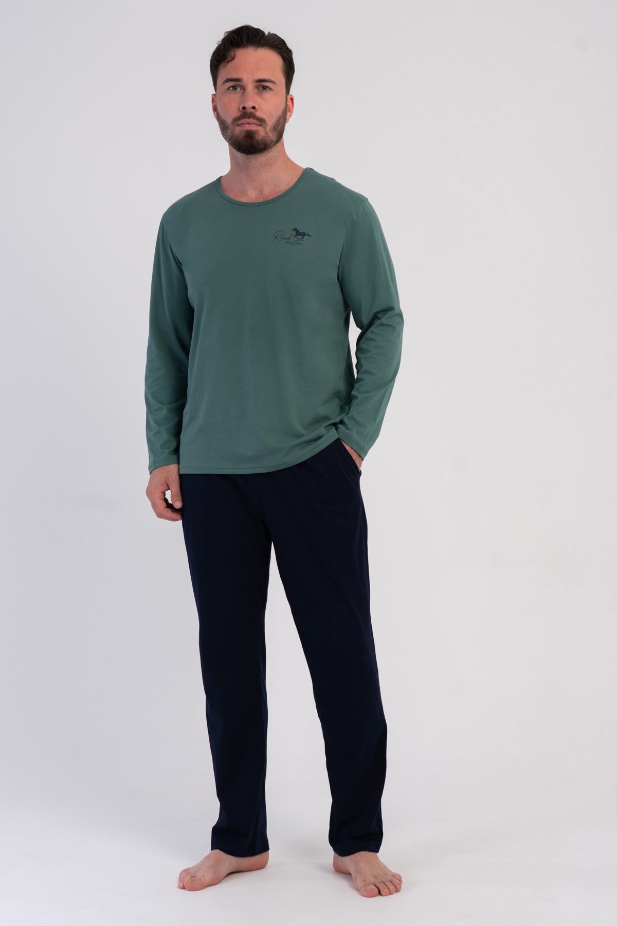 Pijama bărbați, XXL, guler rotund, mânecă lungă, cu buzunar, K.VERDE