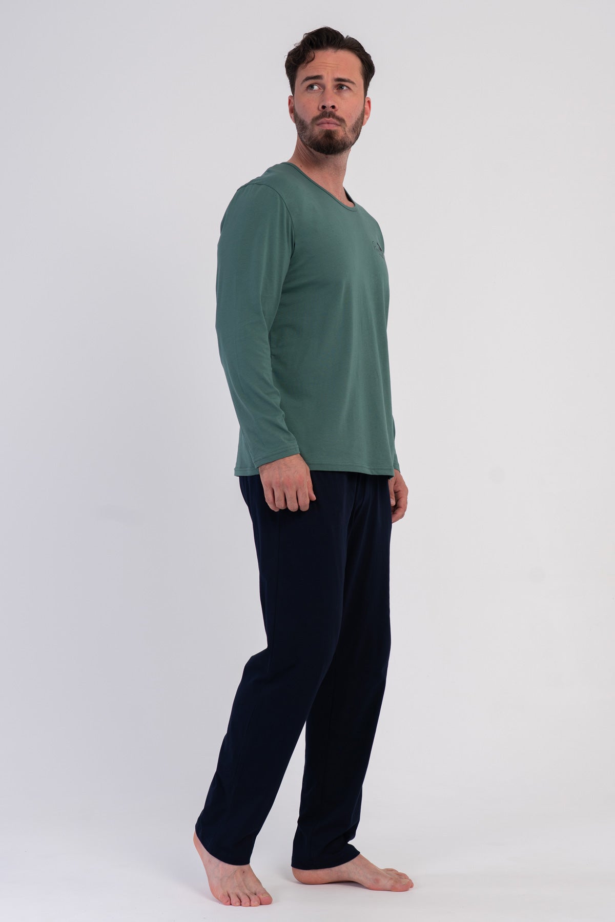 Pijama bărbați, XXL, guler rotund, mânecă lungă, cu buzunar, K.VERDE