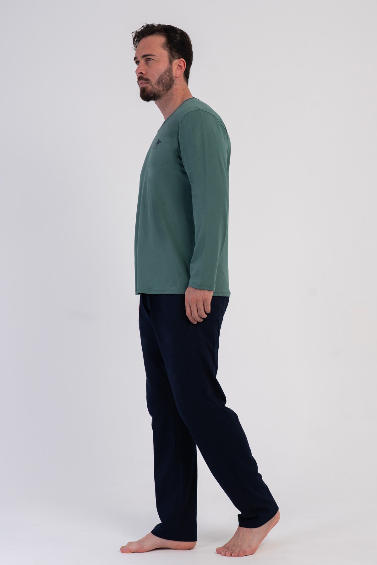 Pijama bărbați, XXL, guler rotund, mânecă lungă, cu buzunar, K.VERDE