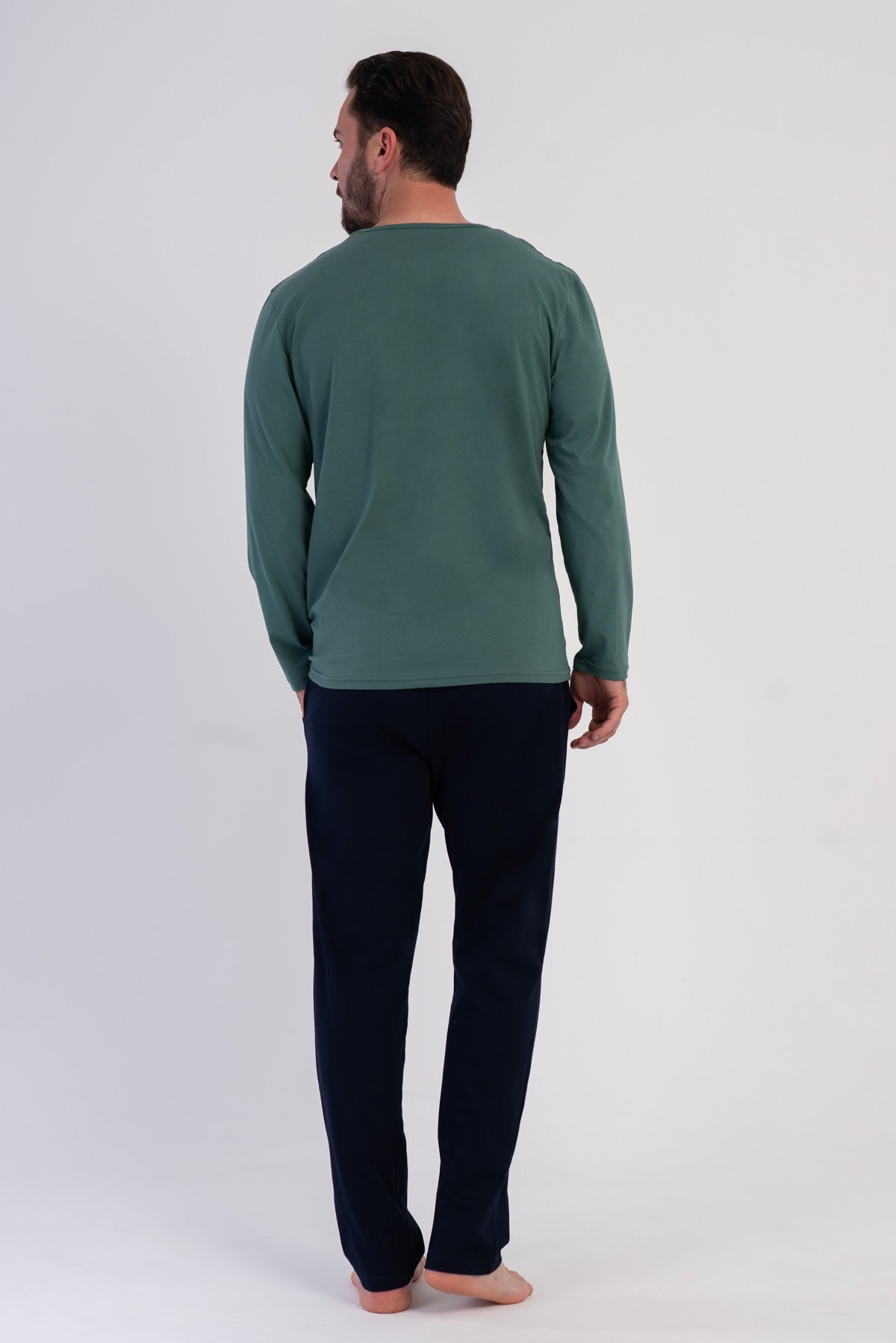 Pijama bărbați, XXL, guler rotund, mânecă lungă, cu buzunar, K.VERDE