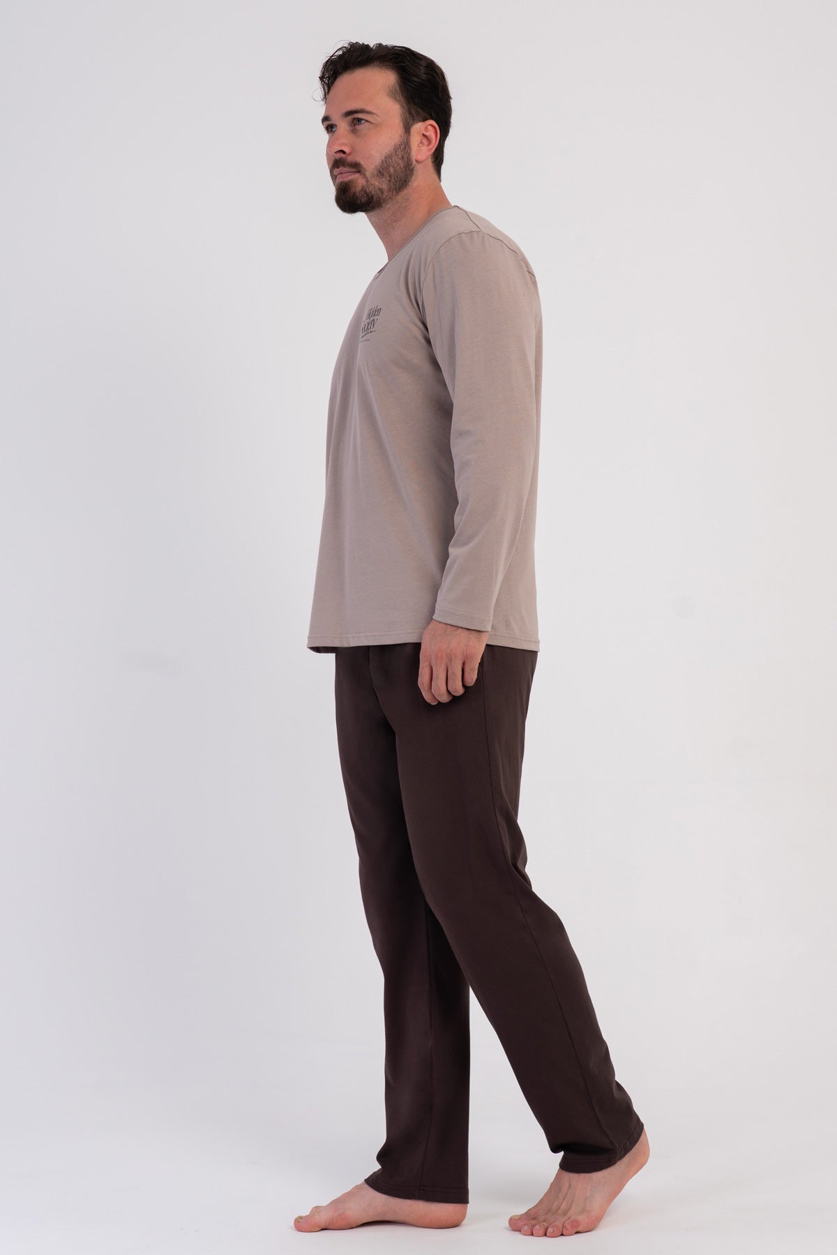 Pijama bărbătească XXL, cu mânecă lungă și guler rotund, cu buzunar, P.SUPREM, CULOARE FUME