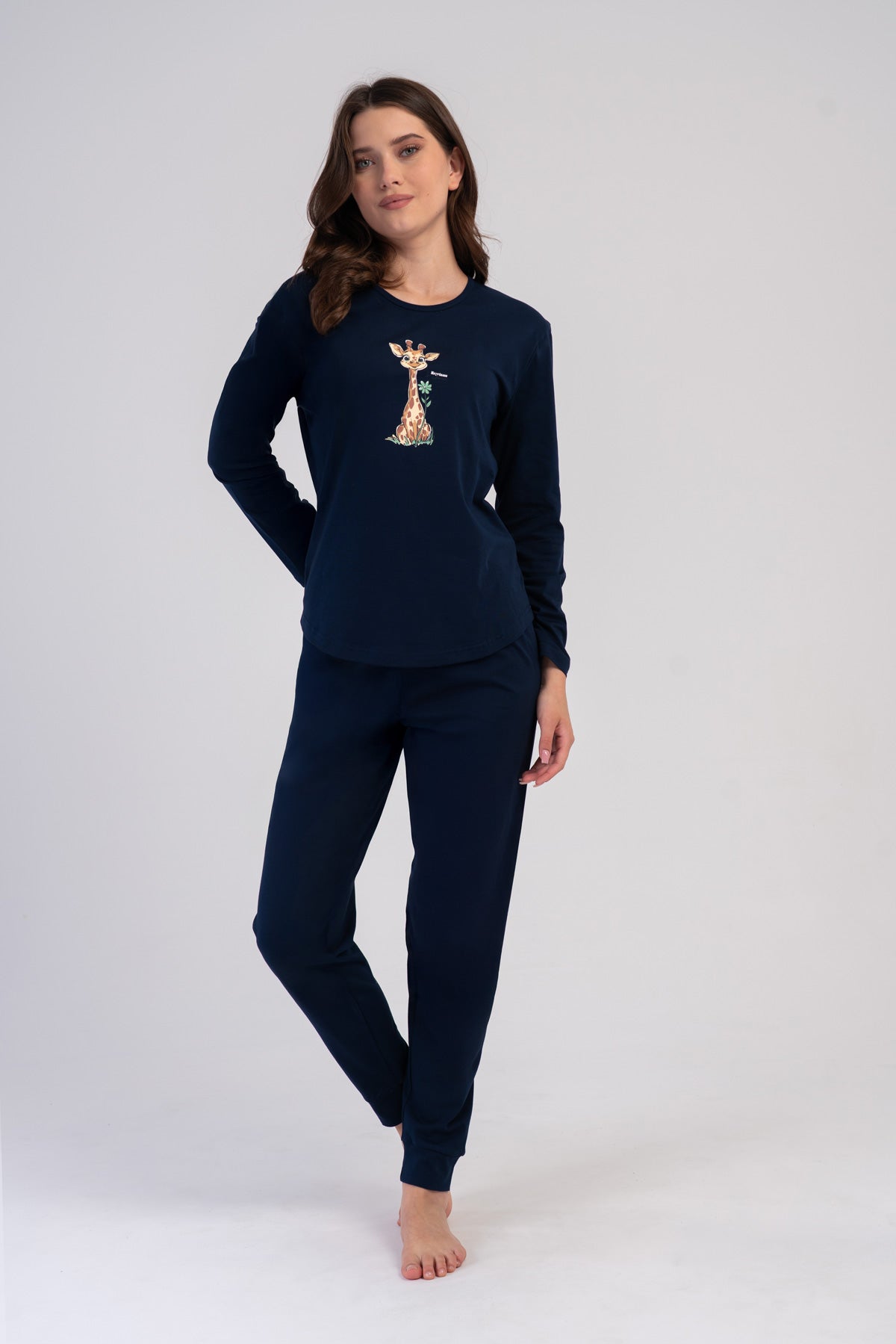 PIJAMA P.SUPREM PENTRU DAMĂ CU GULER ȘI MÂNECĂ LUNGĂ, MANȘETE ȘI GULER OVAL - BLEUMARIN ÎNCHIS