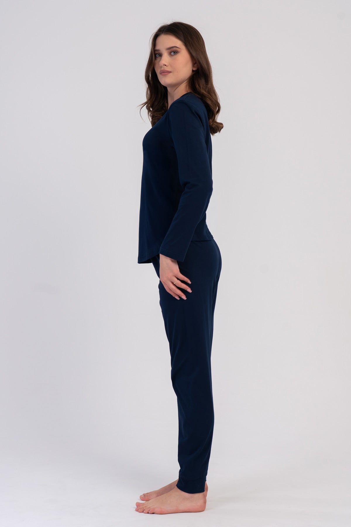 PIJAMA P.SUPREM PENTRU DAMĂ CU GULER ȘI MÂNECĂ LUNGĂ, MANȘETE ȘI GULER OVAL - BLEUMARIN ÎNCHIS