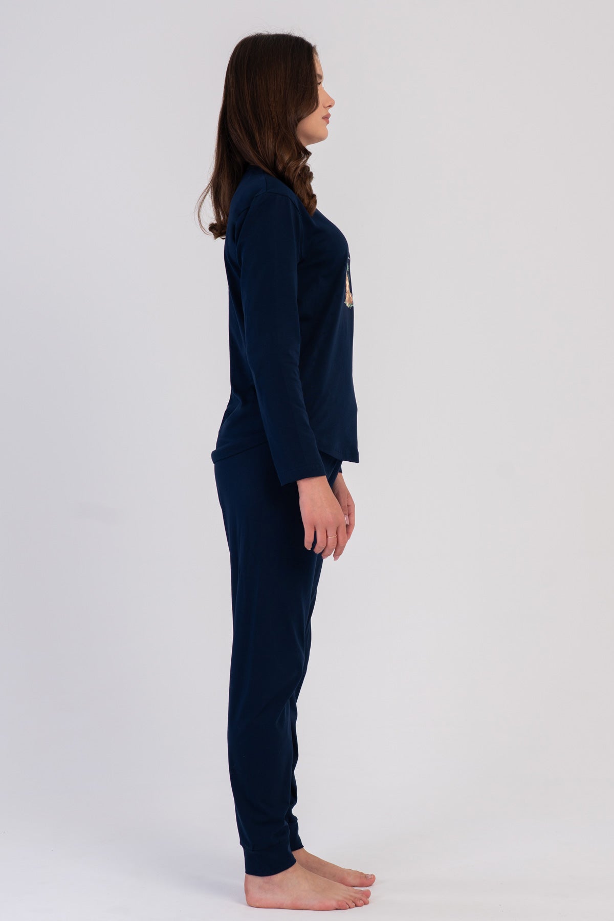 PIJAMA P.SUPREM PENTRU DAMĂ CU GULER ȘI MÂNECĂ LUNGĂ, MANȘETE ȘI GULER OVAL - BLEUMARIN ÎNCHIS