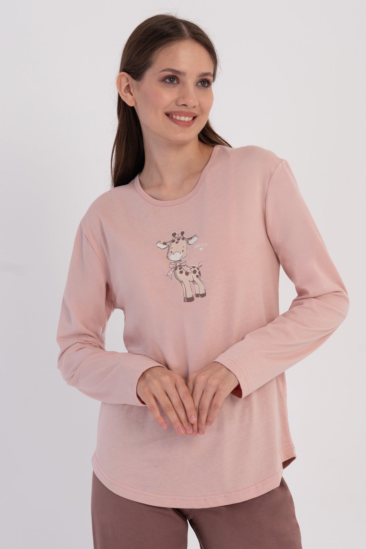 Set pijama oval cu fustă și mânecă lungă P.SUPREM pentru femei - roz pudrat