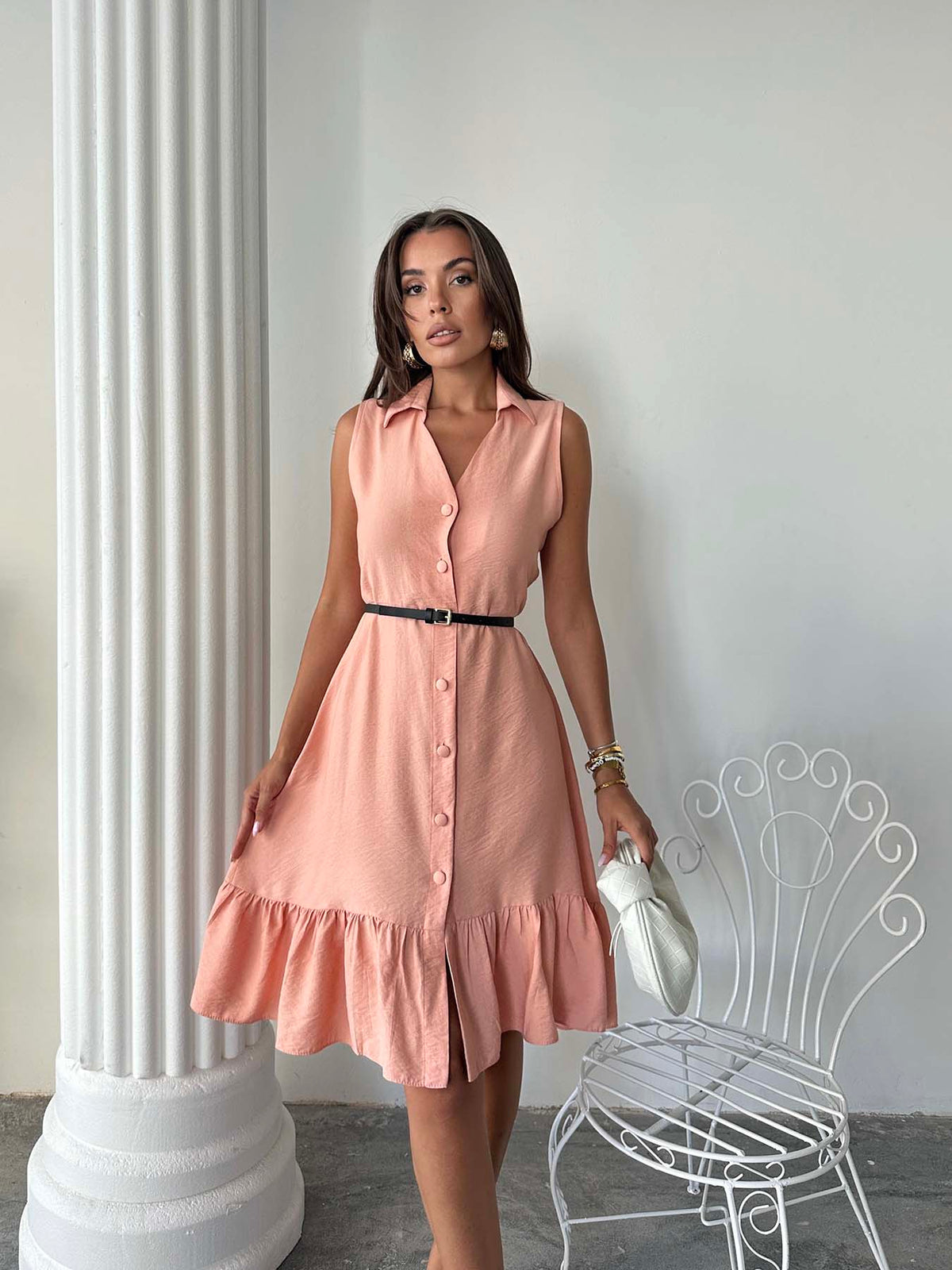 ROCHIE DE IN CU GULER ROZ PUDRĂ ȘI NASTURI