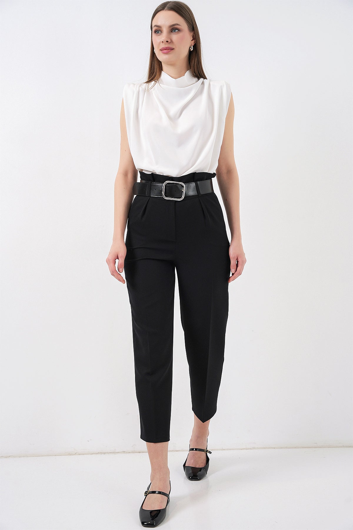 6556 Pantaloni Țesătură cu Curea - Negru