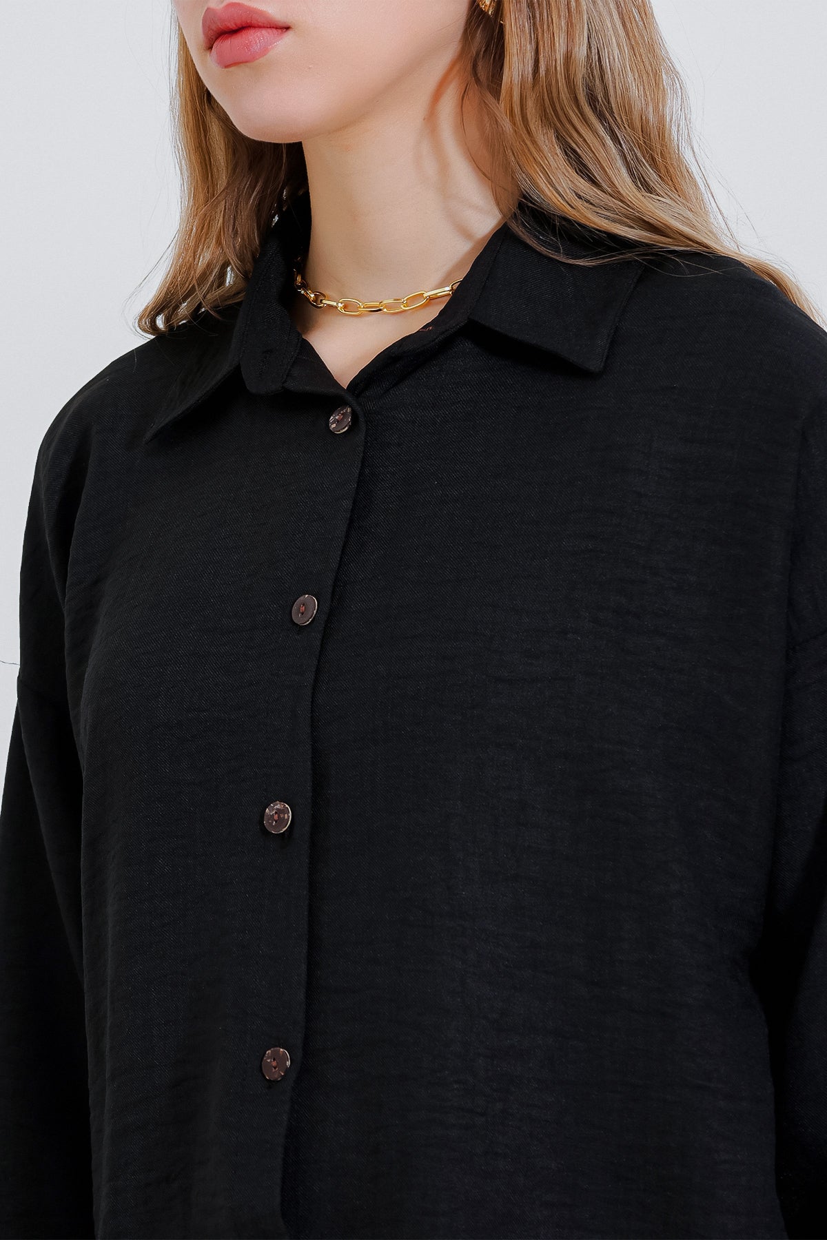Compleu oversize din in negru top-jos pentru femei 6622
