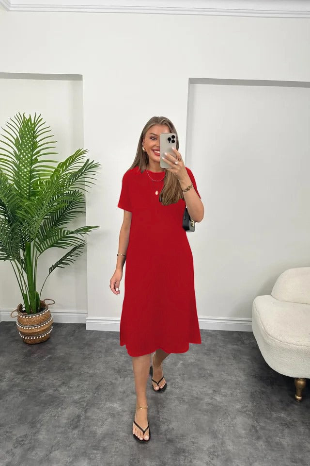 Women's Short Sleeve Slit Detail Loose Viscose Dress, 32712