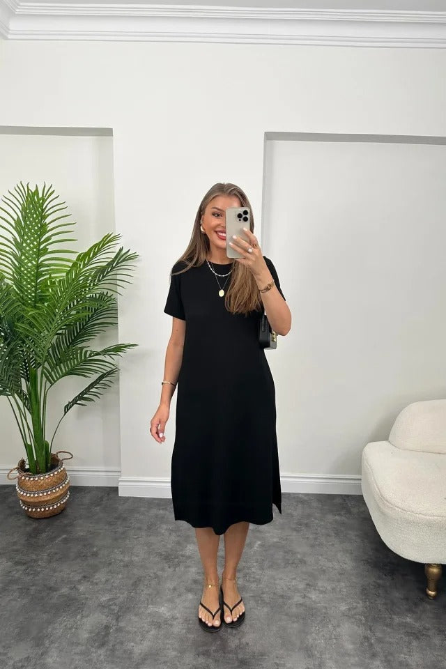 Women's Loose-fitting Viscose Dress with Slit Detail, Short Sleeve, 32713
