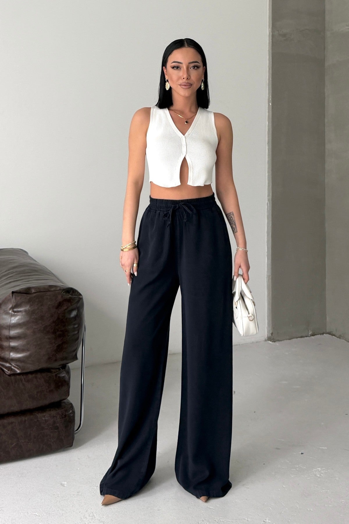 Pantaloni Palazzo cu Talie Elastica HS708