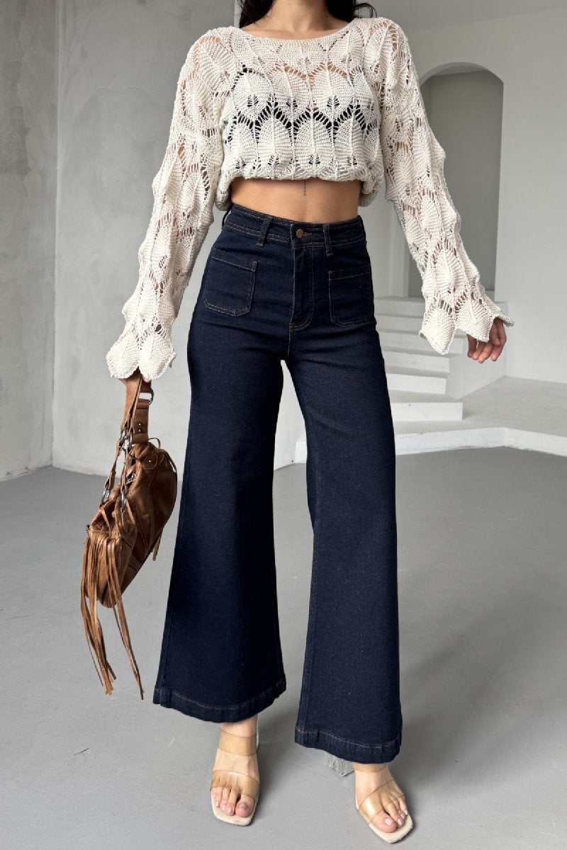 Pantalon Denim Detaliu cu Buzunar Fata 7079