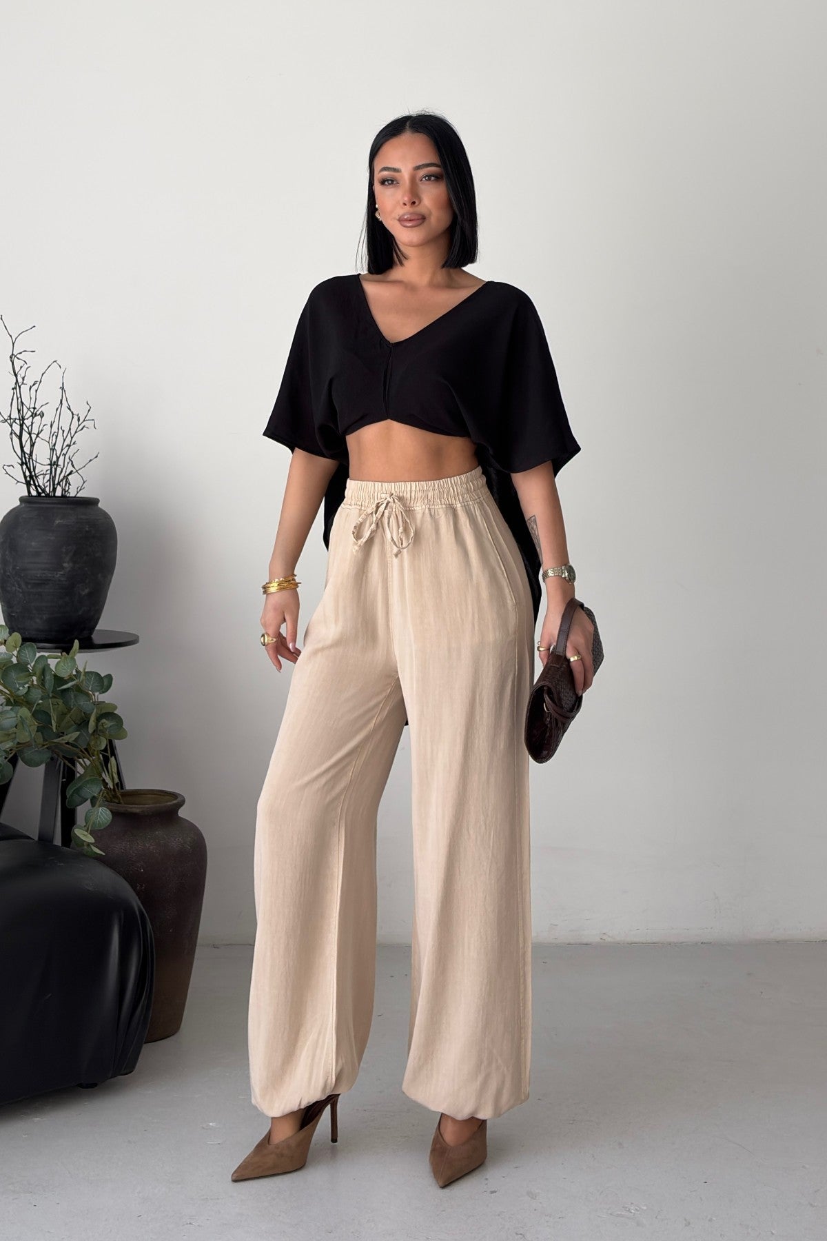 Pantaloni cu Talie si Crac Elastici HS720