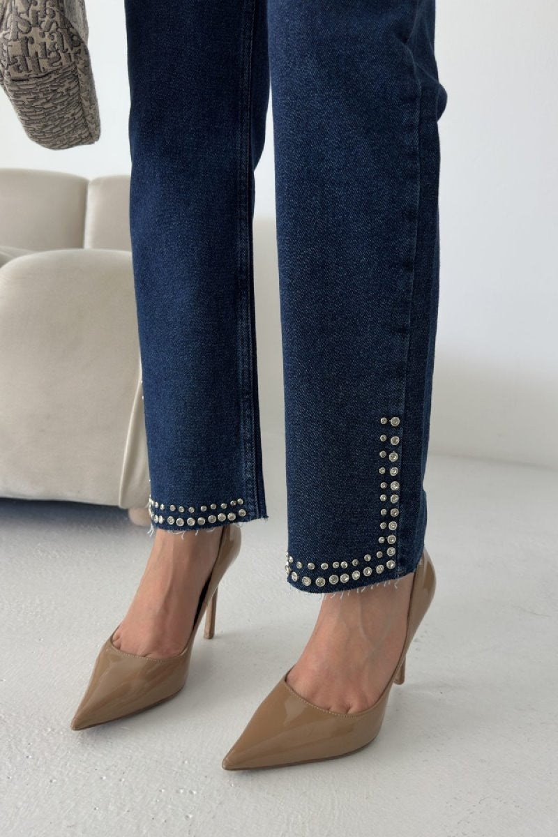 Pantalon Denim Mom Fit cu Pietre 7023