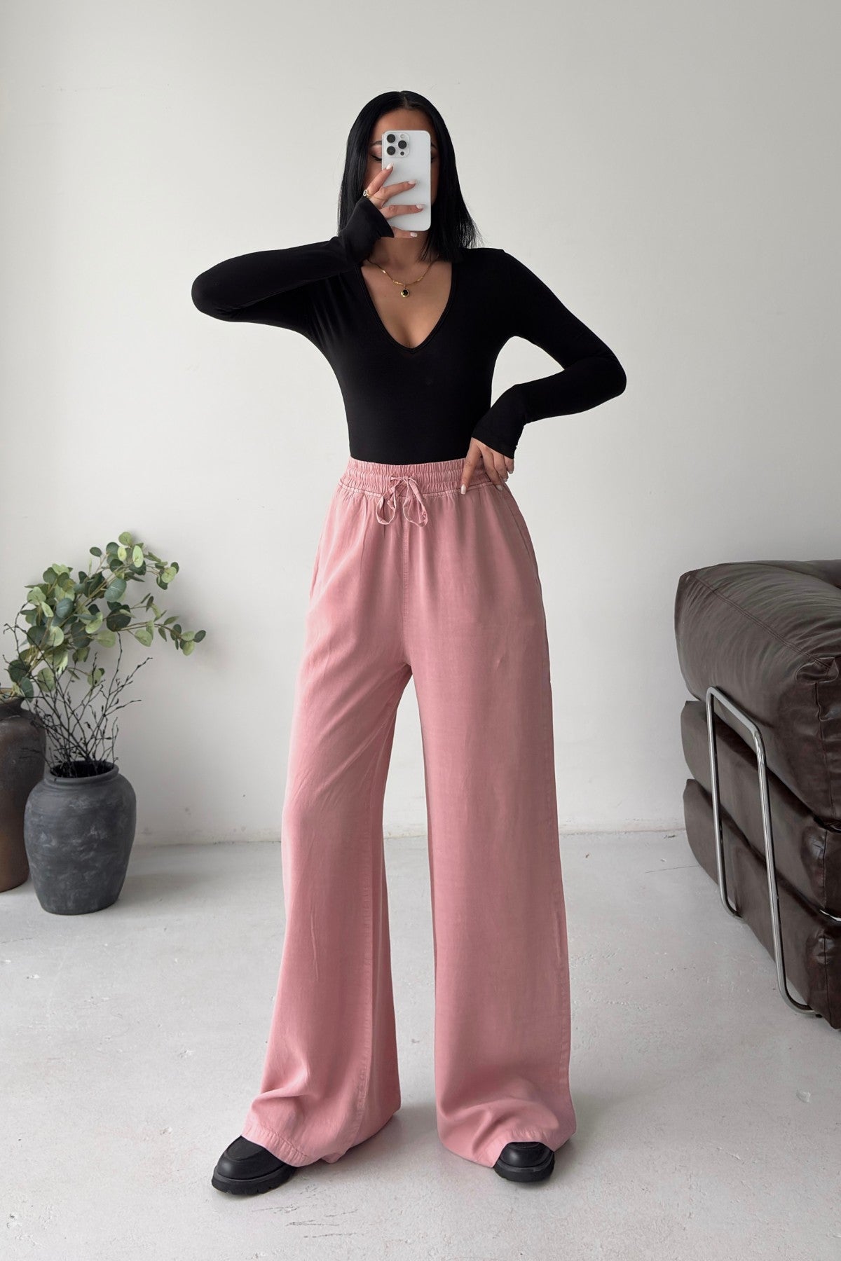 Pantaloni Palazzo cu Talie Elastica HS708