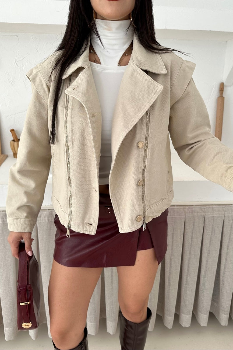 Jachetă Denim cu Detalii de Fermoar 6141