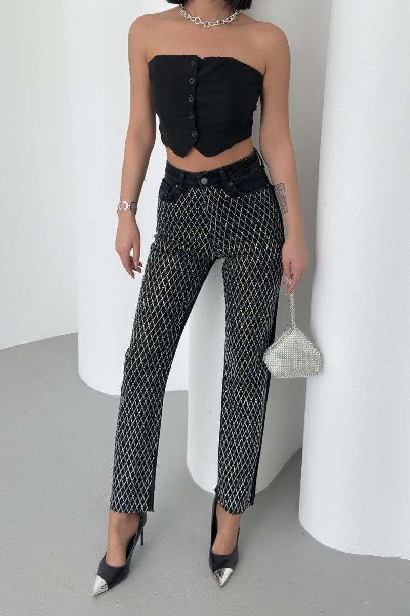 Pantalon Denim Mom Fit cu Pietre 7092