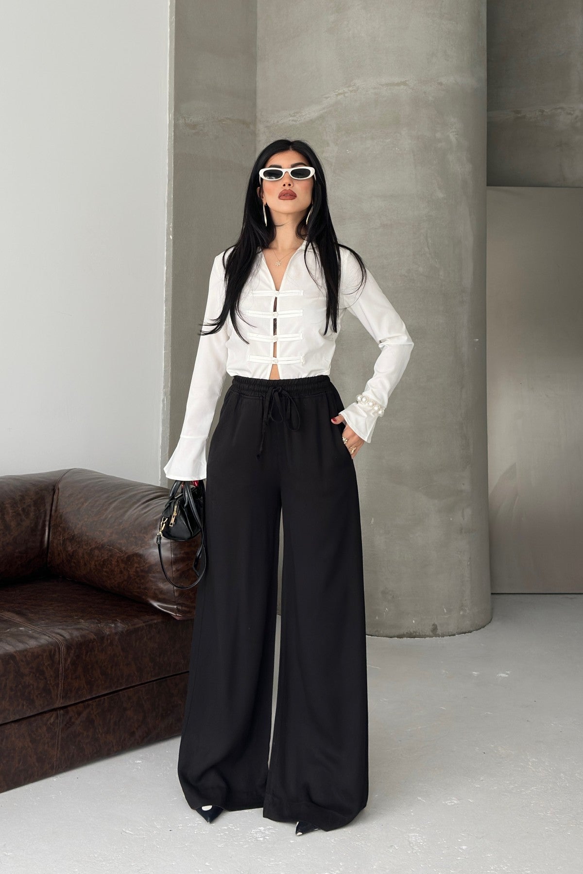 Pantaloni Palazzo cu Talie Elastică 7150
