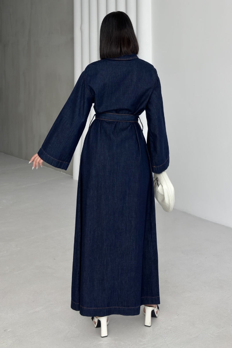 Rochie Denim Lunga cu Curea 3035