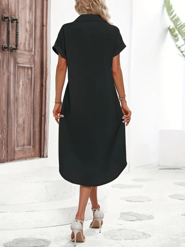 Rochie midi din material țesut pentru femei, cu mânecă scurtă, guler și nasturi, 23804