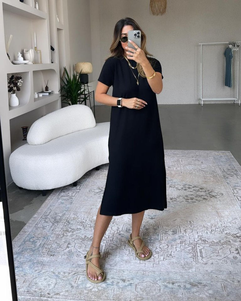 Women's Loose-fitting Viscose Dress with Slit Detail, Short Sleeve, 32713