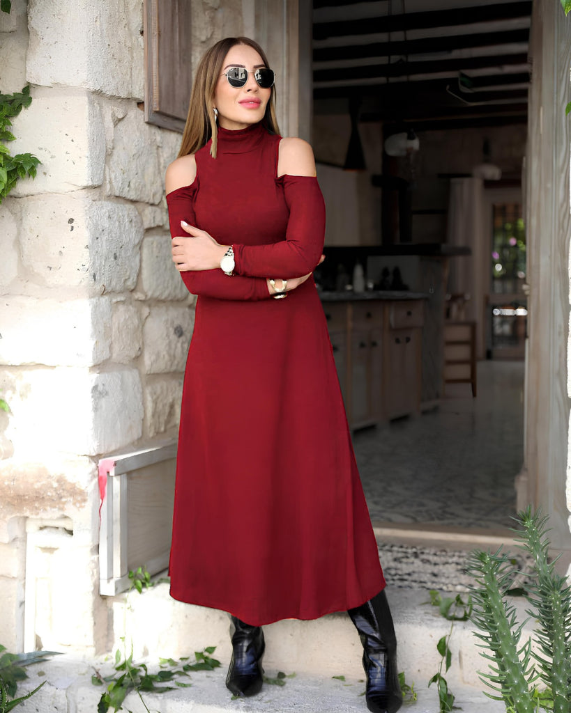 Rochie Lunga Dama din Crep Janjan cu Guler Inalt si Decupaje la Umeri, Maneca Lunga, 28194