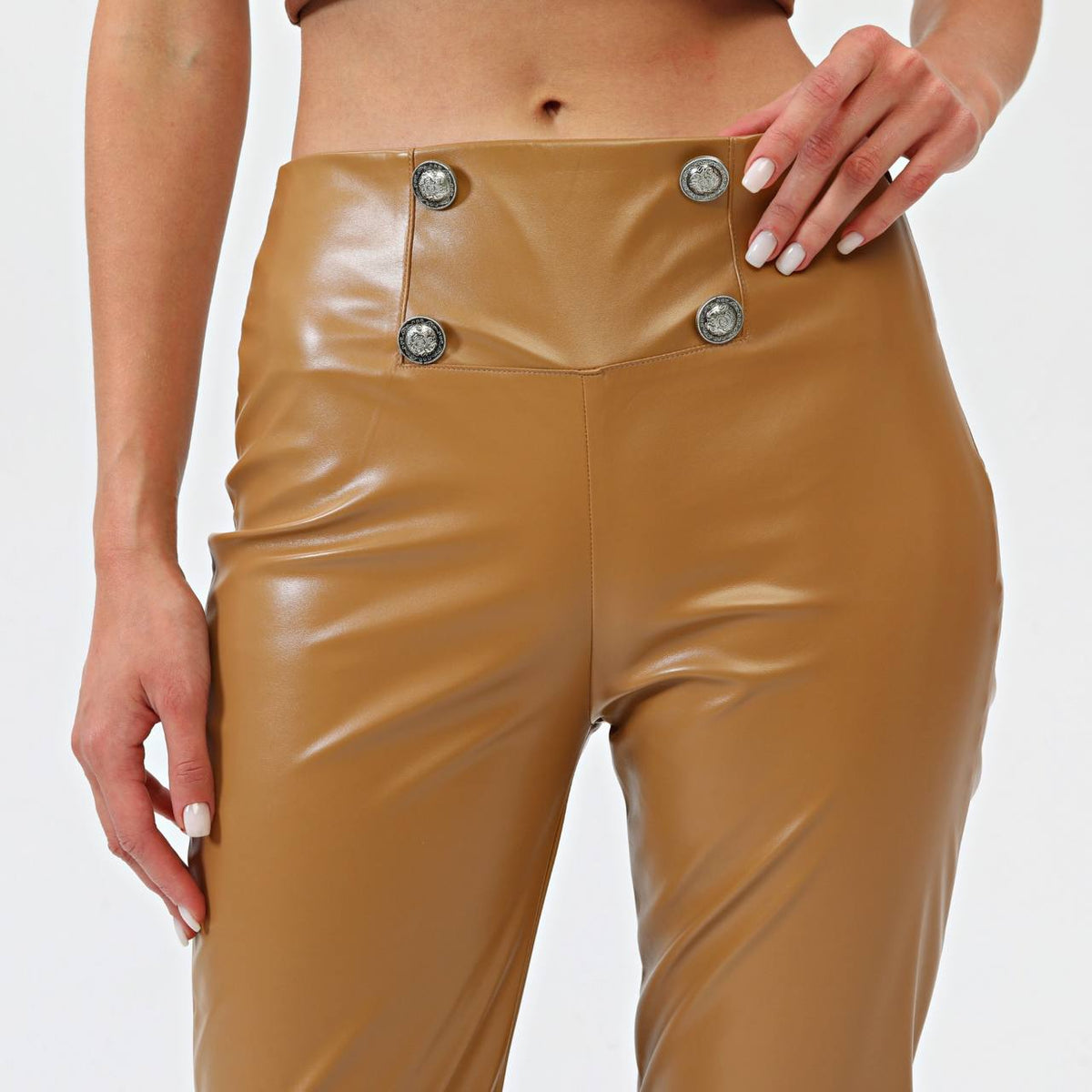 BUTTONED LEATHER PANTS WITH SIDE ZIPPER - Tan