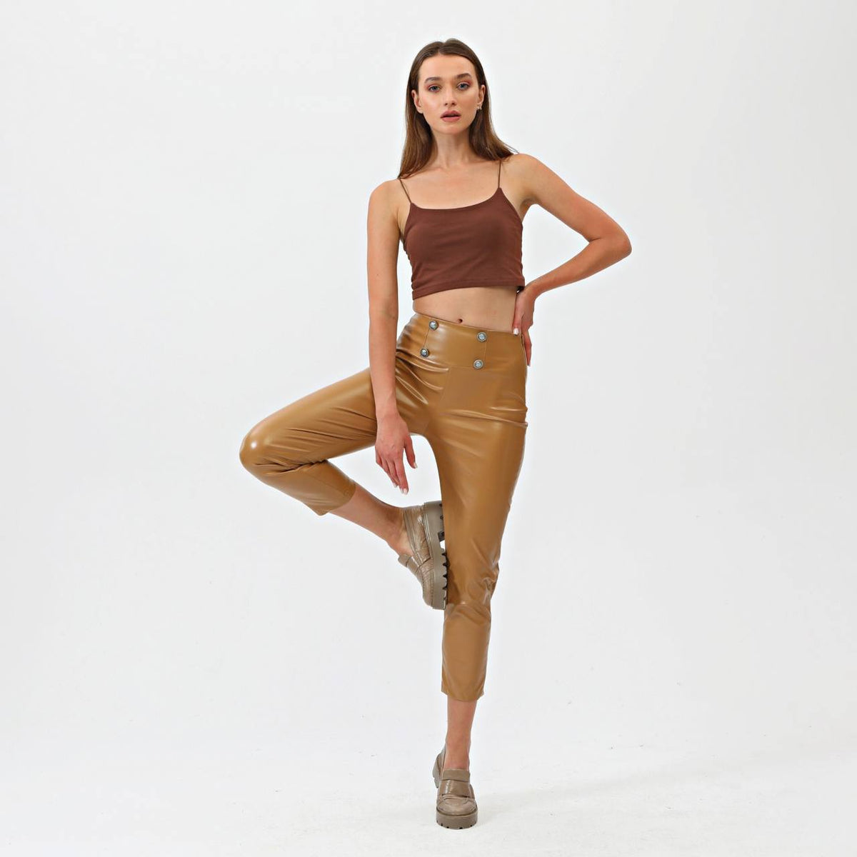 BUTTONED LEATHER PANTS WITH SIDE ZIPPER - Tan